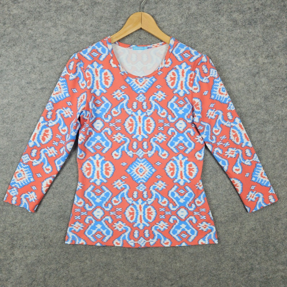 J McLaughlin Women's Orange Ikat Print Top Size XS 3/4‎ Sleeve Geometric Mandala